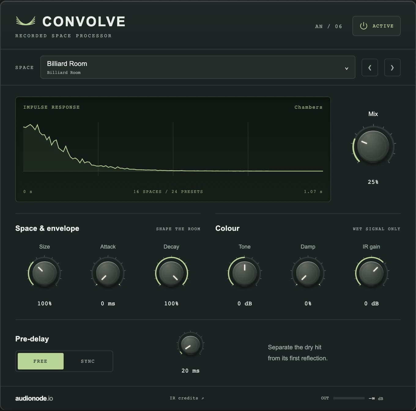 Convolve master FX panel with impulse response display, room selection and eight shaping controls