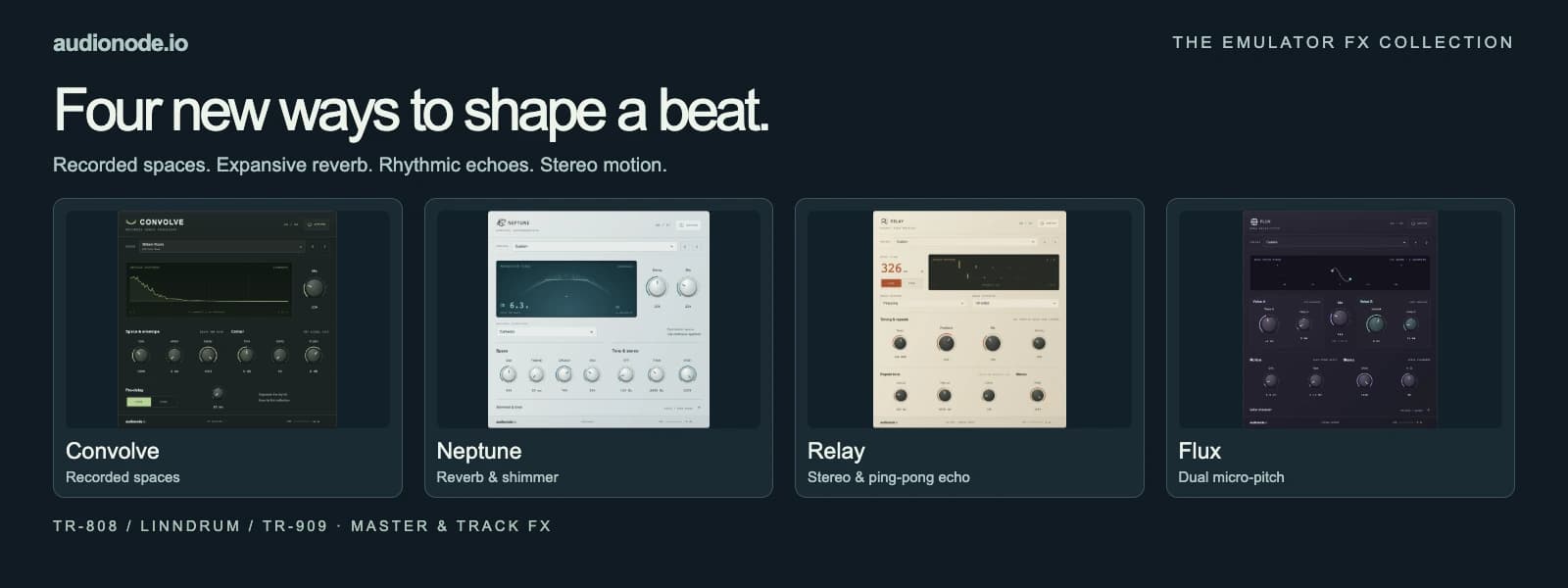 Convolve, Neptune, Relay and Flux panels in the AudioNode emulator FX collection