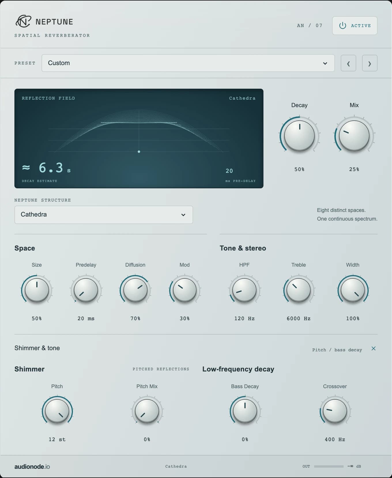 Neptune with Shimmer and tone expanded to show pitch, pitch mix, bass decay and crossover