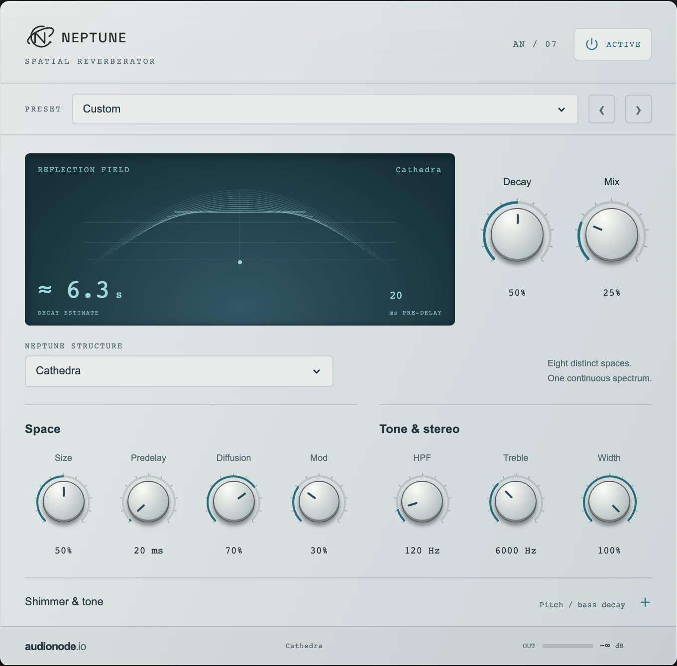 Neptune reverb master panel showing its structure selector, decay estimate and main controls