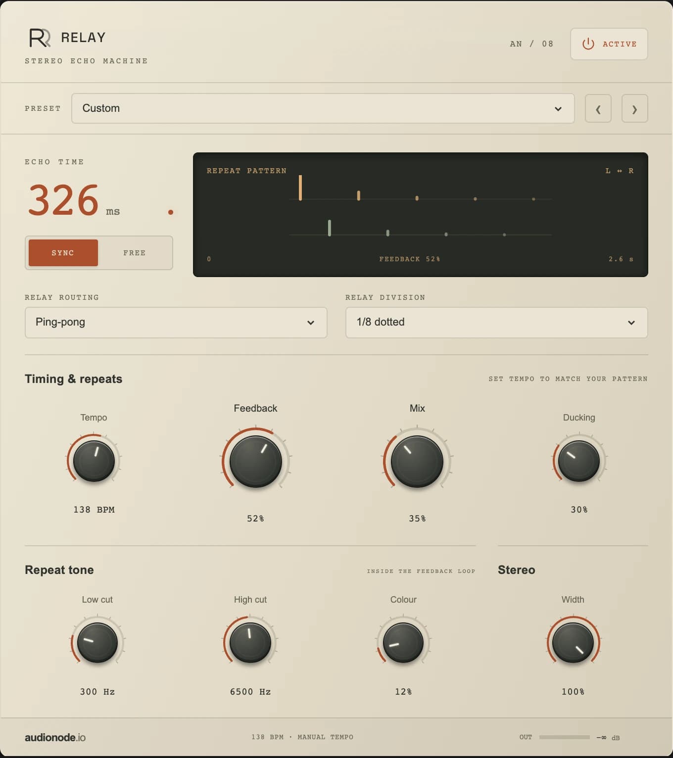 Relay echo master panel with tempo sync, rhythmic division, routing and feedback controls