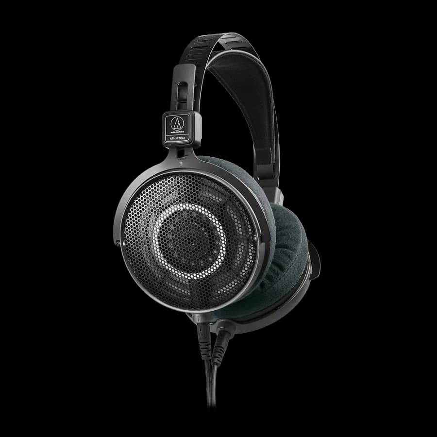Audio-Technica ATH-R70xa headphones showing the open mesh earcup and metal headband