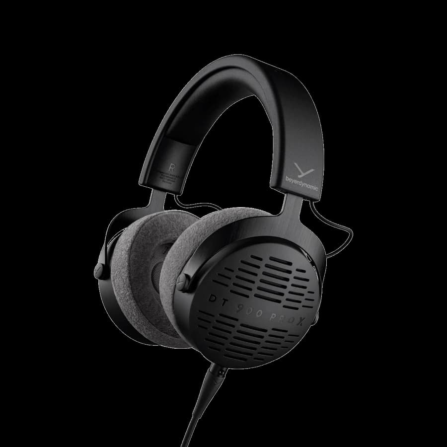 beyerdynamic DT 900 PRO X headphones showing the open earcup grille and grey velour pads