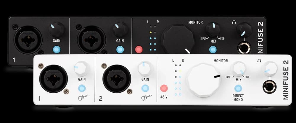 Black and white Arturia MiniFuse 2 interfaces showing two combo inputs and front-panel monitoring controls