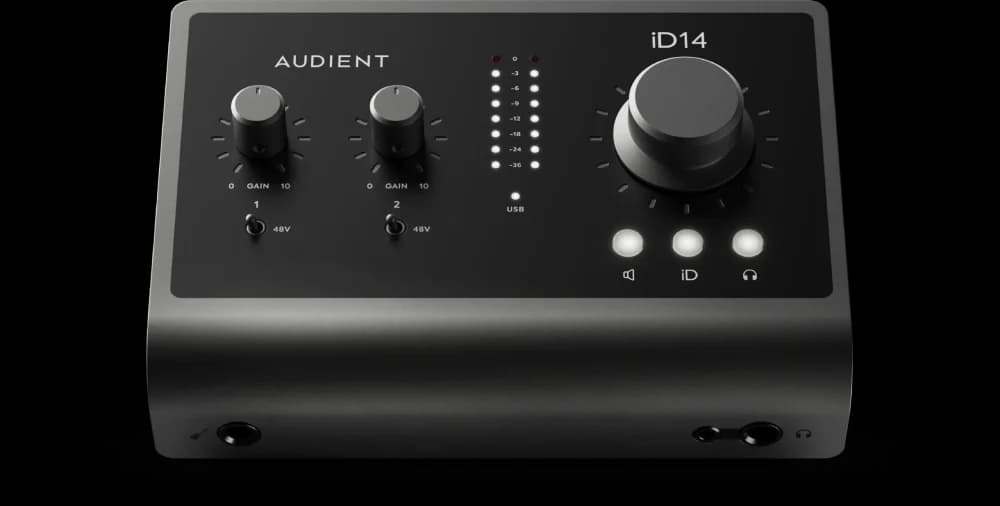 Audient iD14 MKII audio interface showing its controls and connections