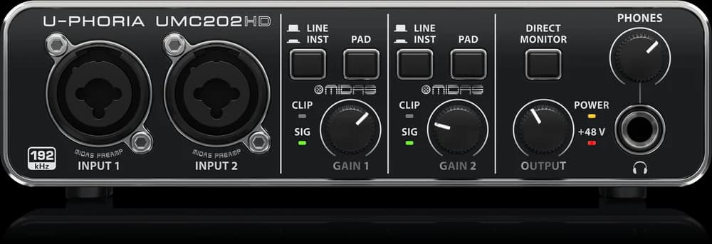 Behringer U-Phoria UMC202HD audio interface showing its controls and connections