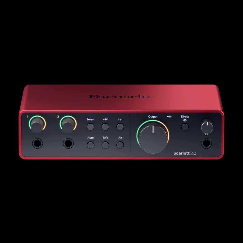 Red Focusrite Scarlett 2i2 fourth-generation interface with front-panel gain controls and monitor knob