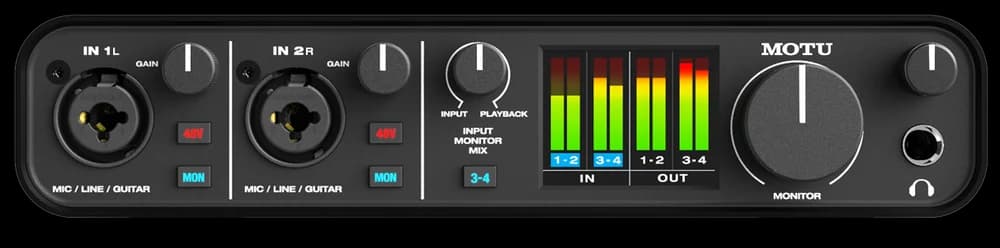 Front of the MOTU M4 interface showing two combo inputs, colour level meters and monitoring controls