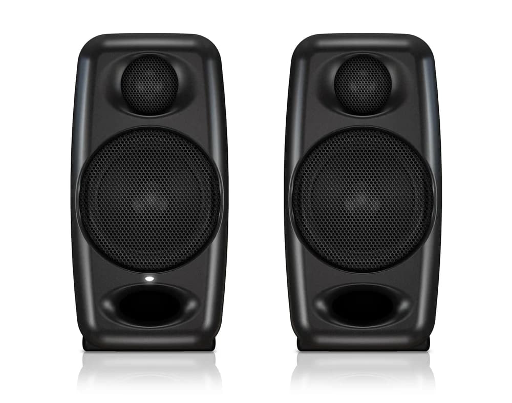 Two black IK Multimedia iLoud Micro Monitor speakers shown from the front