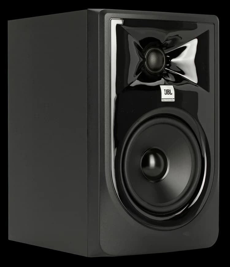 Black JBL 305P MkII monitor with a wide tweeter waveguide and five-inch woofer
