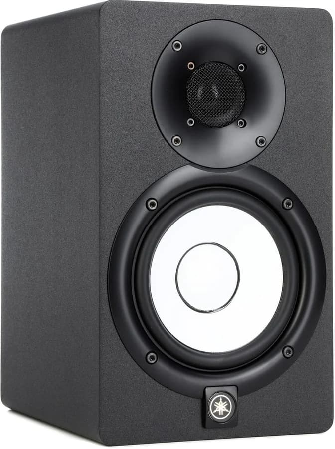 Black Yamaha HS5 studio monitor with its white five-inch woofer