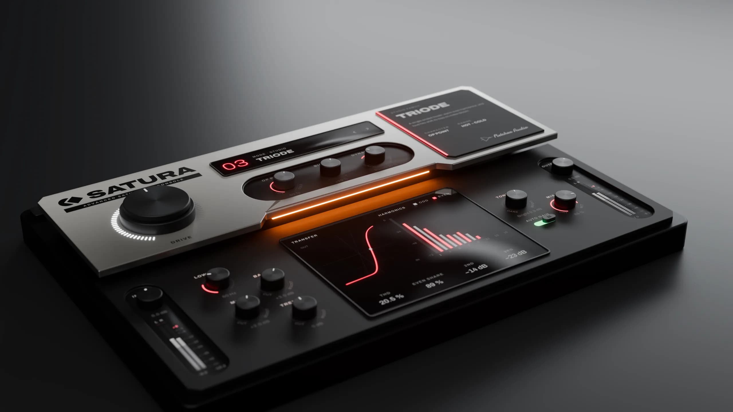 Satura studio render: the silver upper plate over the dark lower plate, lit from beneath