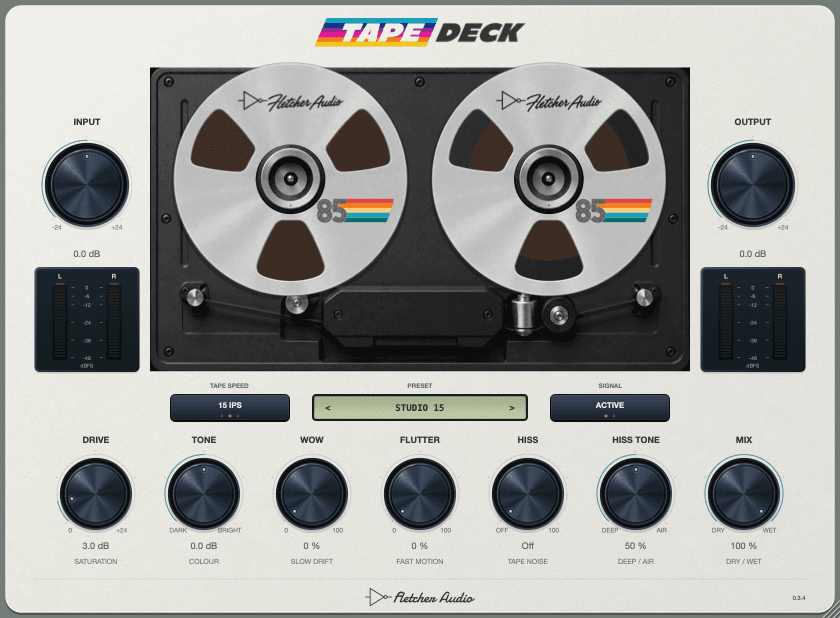Tape Deck interface with nine controls, stereo meters and rotating reels