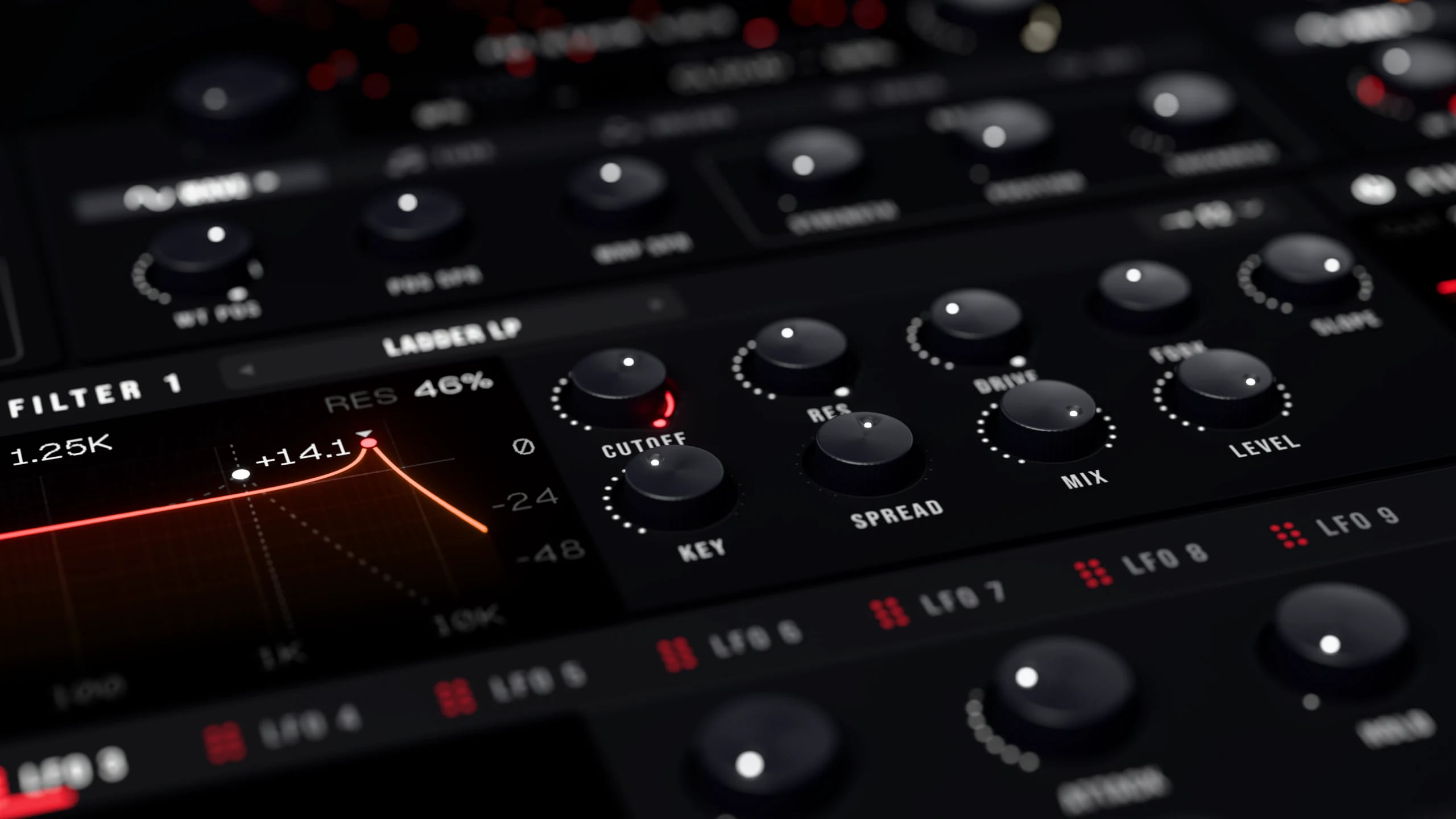 Rendered close-up of Nodium’s stereo filters and modulation controls