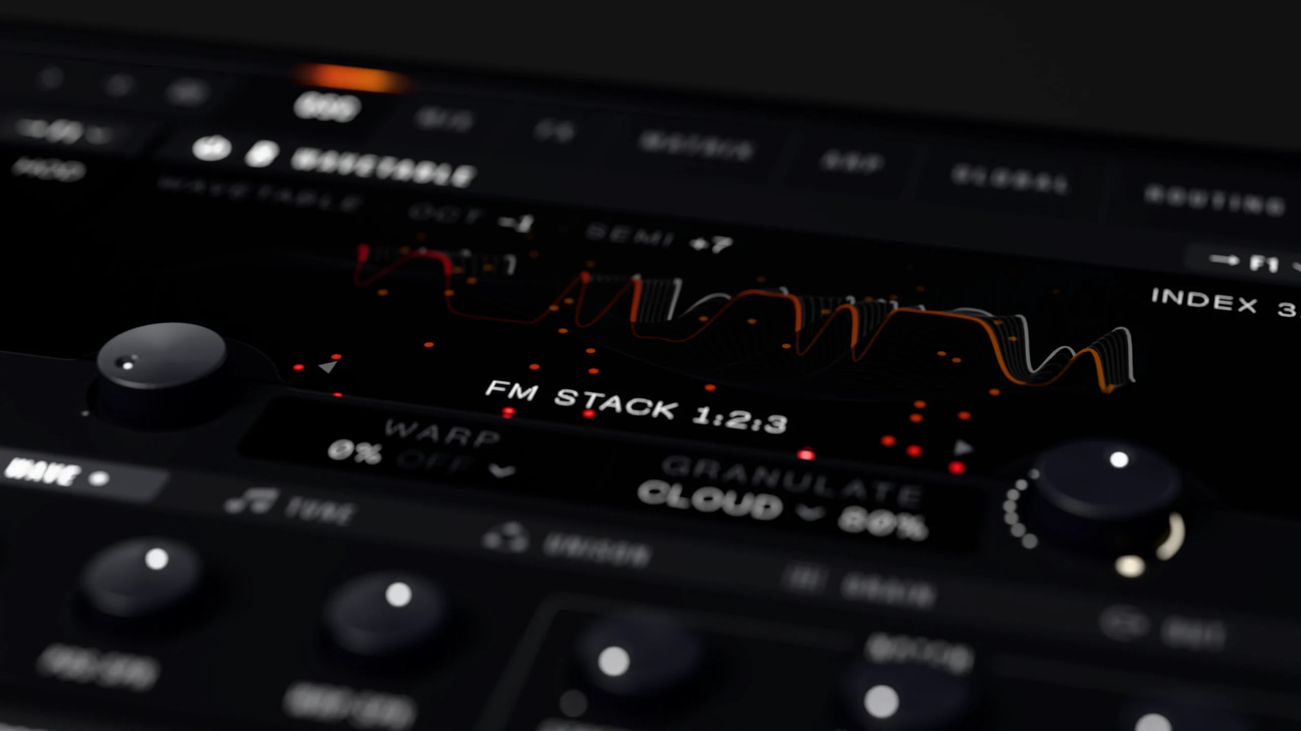 Rendered close-up of Nodium’s granulator and GRAIN controls