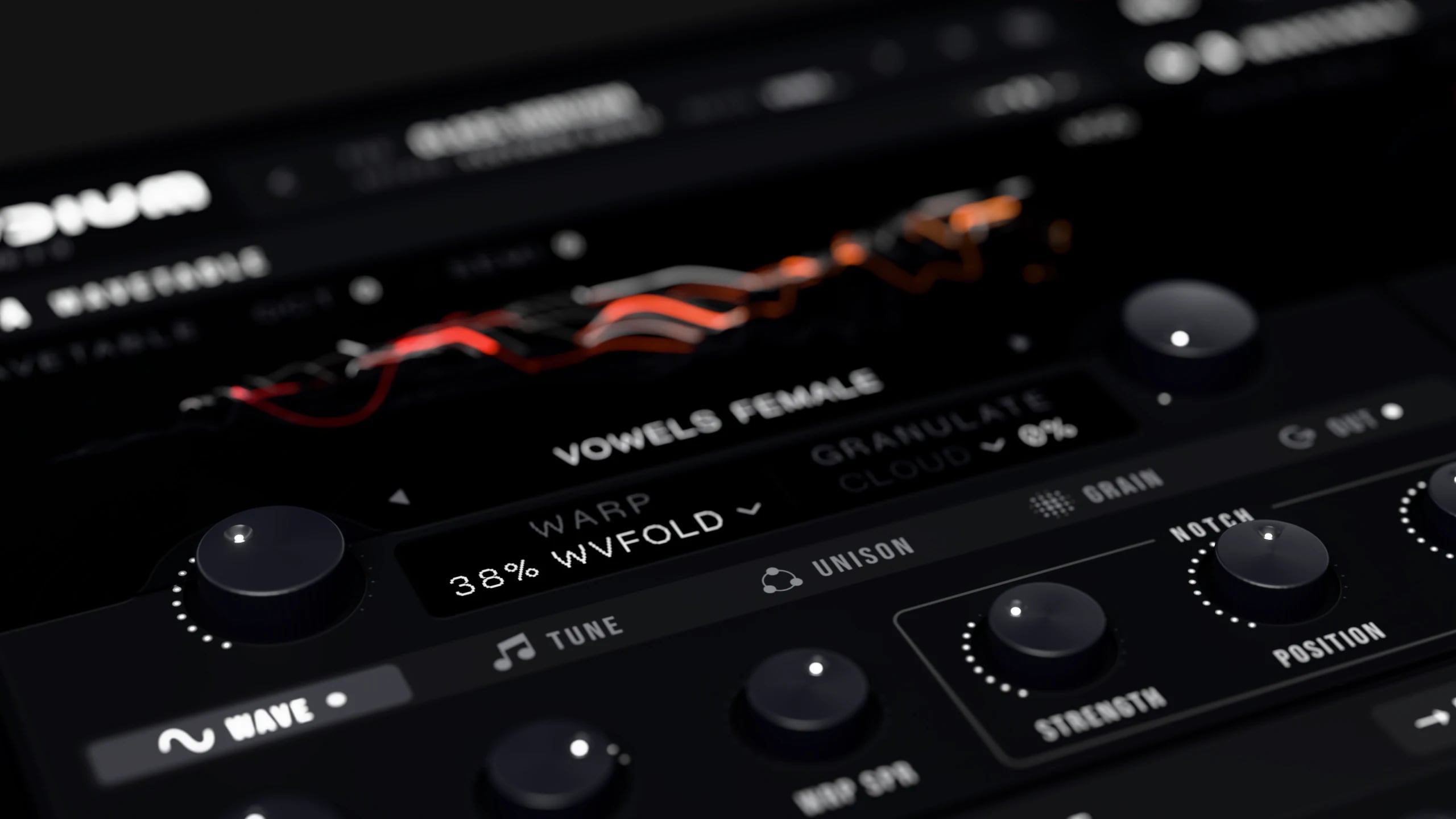 Rendered close-up of Nodium’s wavetable display and warp controls