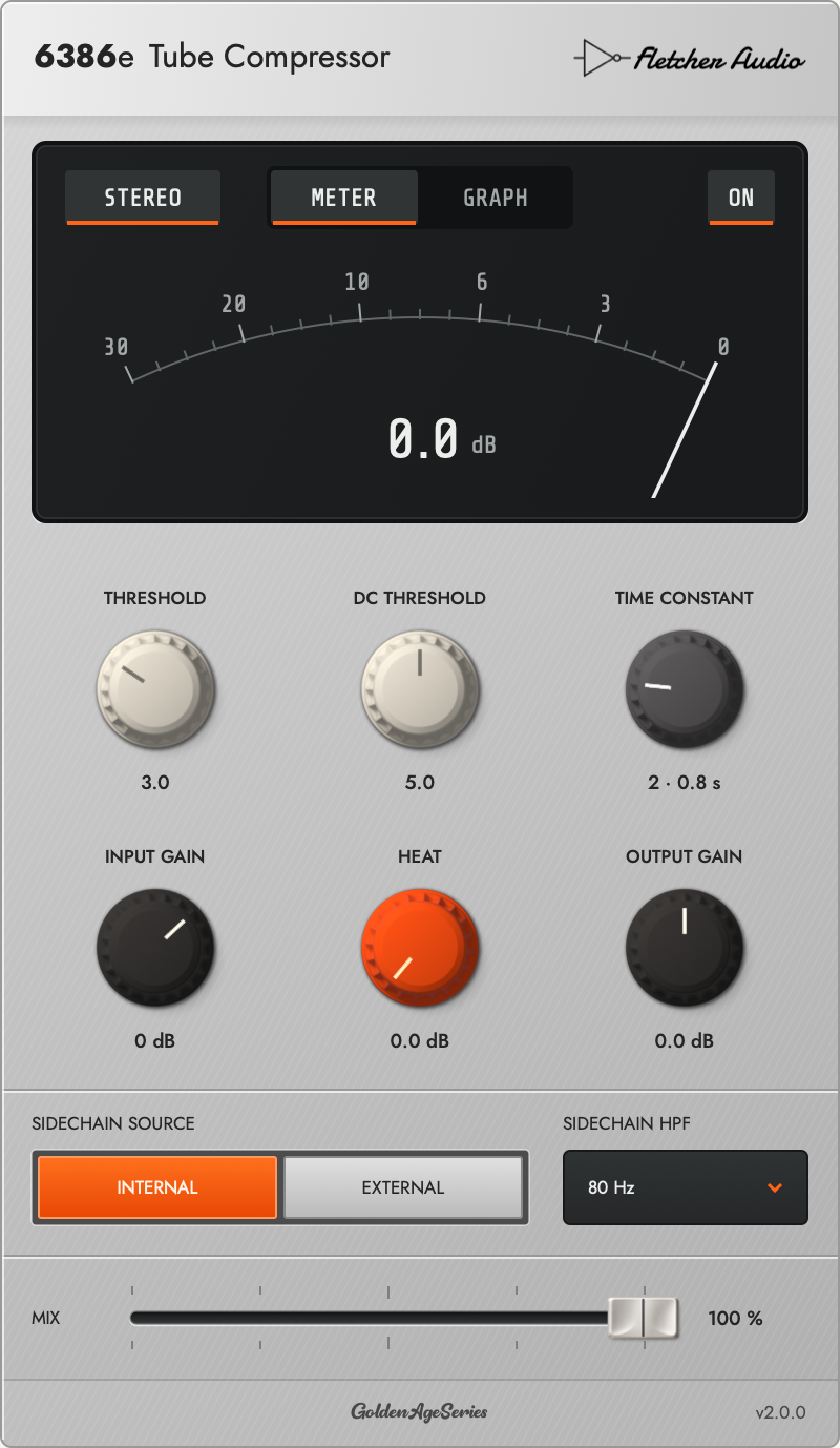The actual 6386e interface: gain-reduction meter with Stereo/Dual/Lat-Vert and bypass, the compressor row (Threshold, DC Threshold, Time Constant), the gain row (Input Gain, Heat, Output Gain), sidechain source and HPF, and Mix