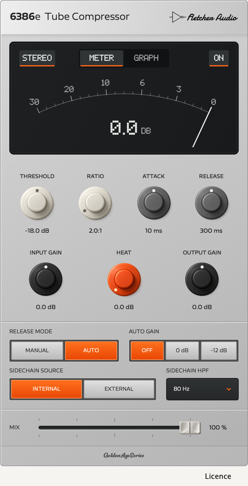 The actual 6386e interface: gain-reduction meter, seven dials, release and Auto Gain switches, Internal/External sidechain, detector HPF, Mix and Licence control