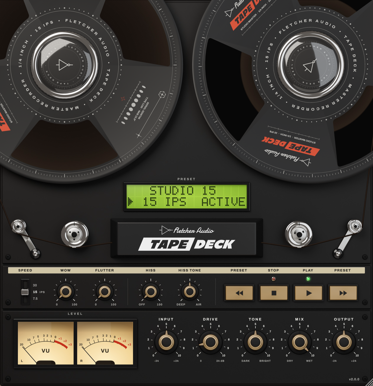 Tape Deck 2.0 plugin interface with tape-speed lever, preset transport, nine dials and stereo VU meters