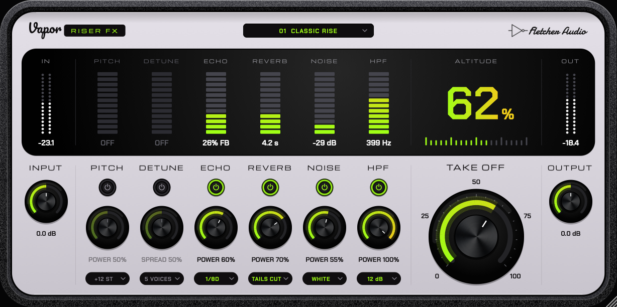 Vapor Riser FX interface showing the screen with each effect's level, the Take Off dial at 62 %, and power, dial and option controls for Pitch, Detune, Echo, Reverb, Noise and HPF